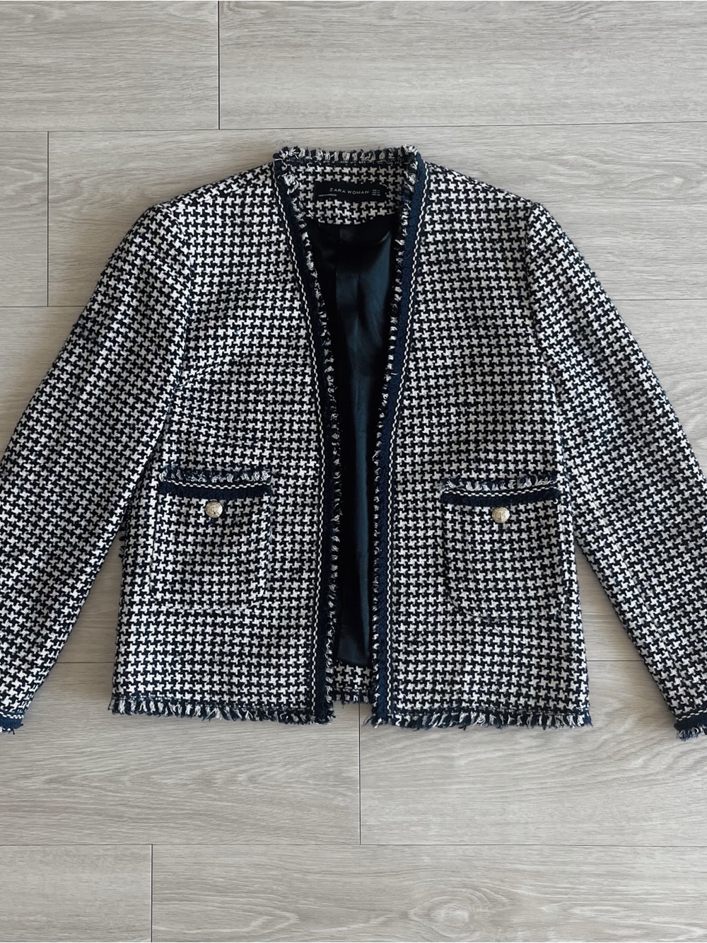 Zara Navy & White Tweed Blazer Jacket